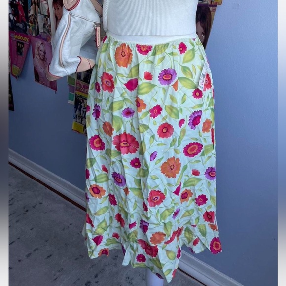 Y2K Green Midi Skirt with Multi Color Flowers Talbots - Picture 2 of 8